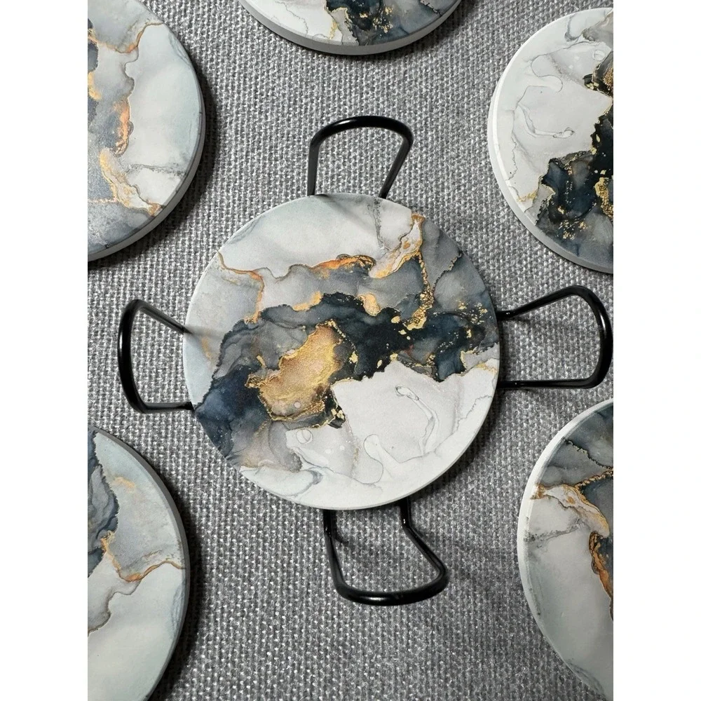 Gray, Blue, Gold Marble Round Coasters With Holder Set Of 6 Absorbs Moisture Set